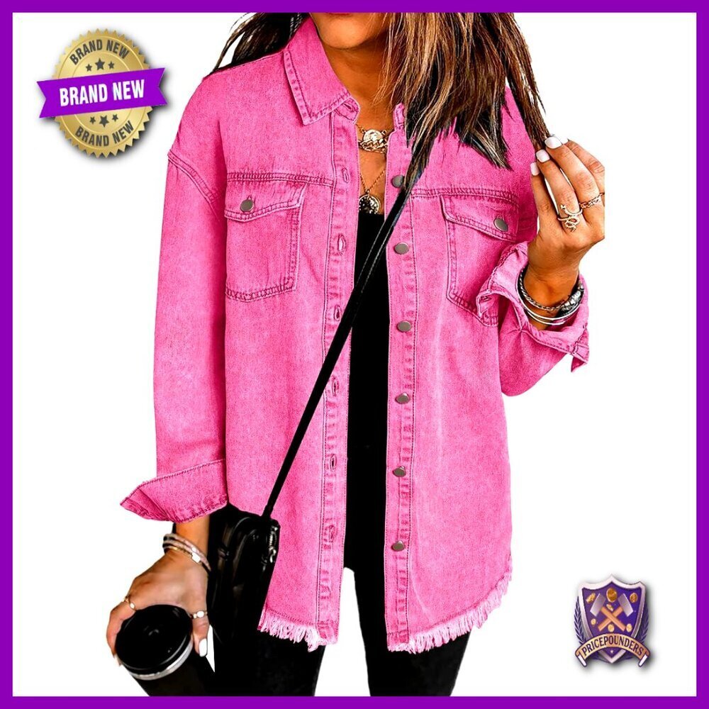 Oversized Denim Shacket Frayed Hem Button Up Long Sleeve Pockets Casual